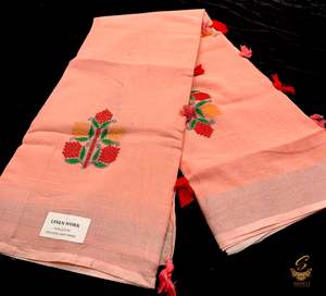 Cotton Sarees 1: Peachy pink colour linen saree with embroidery work