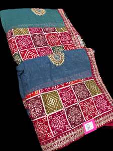 Plain Printed Sarees 1: Beautiful Bandhani print work border with sequined work design beautiful very soft Georgette Saree and Bandhani print blouse fabric (slight variation in color is possible)