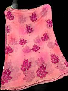 Plain Printed Sarees 1: Beautiful handwork design on contrast leaf border on soft Georgette Saree with contrast blouse