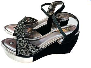 Party Wear Heels Wedge Flats: Crystal & Jerkan stone black velvet lite wedge