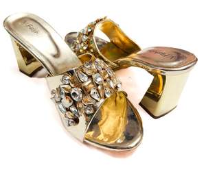 Crystal stone beaded shiny golden Heels