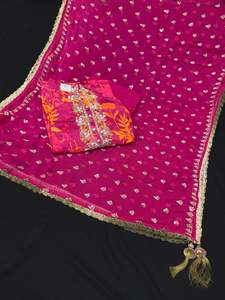 (Clip attached) Hot Pink color pure crepe silk based handwork kameez with rayon &hellip;