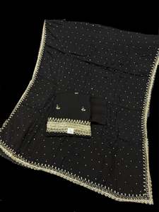 Unstitch Suits Fabrics: (Clip attached) Black color pure crepe silk based handwork kameez with rayon bottom fabric (2.75 mtrs) and chiffon based heavy hand work dupatta