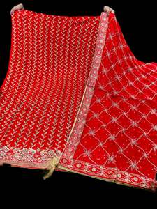 Unstitch Suits Fabrics: (video clip attached)Red color pure chinnon based embroidery work with handwork kameez with plain silk bottom fabric (2.75 mtrs) and chiffon based heavy hand work dupatta