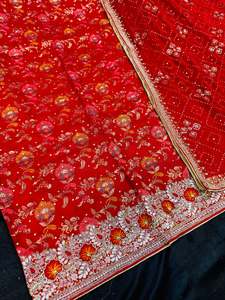 Unstitch Suits Fabrics: Red color soft Banarasi silk based beautiful embroidery & stone work kameez with pure rayon bottom fabric (2.75 mtrs ) with beautiful georgette based heavy hand work Dupatta