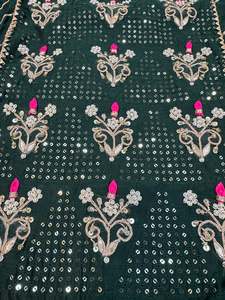 Unstitch Suits Fabrics: Mustard color soft chiffon based beautiful lakhnavi embroidery & handwork on all over kameez with pearls work with pure rayon bottom fabric (2.75 mtrs ) with beautiful pure chiffon multicoloured stone work dupatta