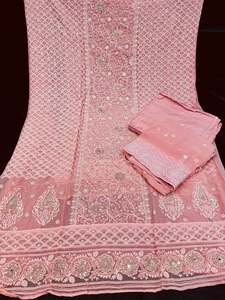 Unstitch Suits Fabrics: Peach color soft chiffon based beautiful lakhnavi embroidery work on all over kameez with pearls work with pure rayon bottom fabric (2.75 mtrs ) with beautiful pure chiffon embroidery work dupatta