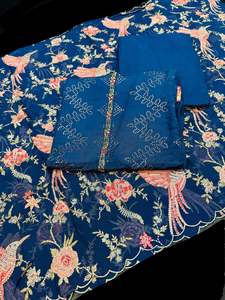 Unstitch Suits Fabrics: (Video clip attached)Nevi Blue color soft silk based beautiful embroidery sequined work kameez with pure silk bottom fabric (2.75 mtrs ) with beautiful soft chiffon based embroidery work Dupatta