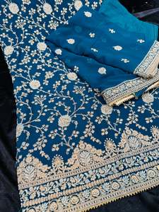 Unstitch Suits Fabrics: (Video clip attached) Peacock color soft georgette based beautiful embroidery & stone work kameez with pure rayon bottom fabric (2.75 mtrs ) with beautiful georgette based heavy hand work Dupatta