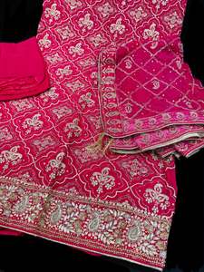 Unstitch Suits Fabrics: Hot Pink color soft silk based beautiful sequined embroidery kameez with pure rayon bottom fabric (2.75 mtrs ) with beautiful chiffon based heavy hand work Dupatta