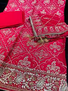 Unstitch Suits Fabrics: (Video clip attached ) Pink color soft silk based beautiful sequined embroidery kameez with pure rayon bottom fabric (2.75 mtrs ) with beautiful chiffon based heavy hand work Dupatta