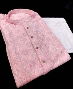 Mens Kurta Pajama: Pure Rayon Based Beautiful heavy Embroidery Work At Front And Back With Sequins Work Designer Kurta & White Pants