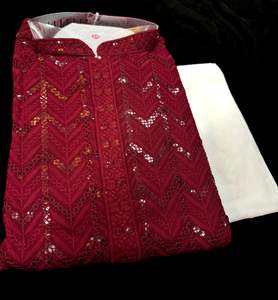 Mens Kurta Pajama: Pure Rayon Based Beautiful heavy Embroidery Work At Front And Back With Sequins Work Designer Kurta & White Pajama