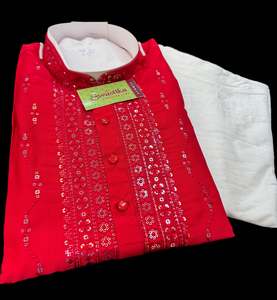 Mens Kurta Pajama: Soft Malmal Based Beautiful Embroidery Work With Sequins Work Designer Kurta With white Pajama