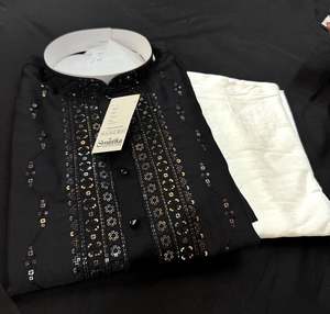 Mens Kurta Pajama: Soft Malmal Based Beautiful Embroidery Work With Sequins Work Designer Kurta With white Pajama