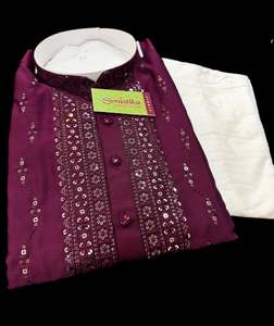 Mens Kurta Pajama: Soft Malmal Based Beautiful Embroidery Work With Sequins Work Designer Kurta With white Pajama