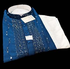 Mens Kurta Pajama: Soft Malmal Based Beautiful Embroidery Work With Sequins Work Designer Kurta With white Pajama