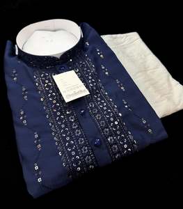 Mens Kurta Pajama: Soft Malmal Based Beautiful Embroidery Work With Sequins Work Designer Kurta With white Pajama