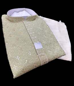Mens Kurta Pajama: Pure Rayon Based Beautiful Embroidery Work At Front And Back With Sequins Work Designer Kurta & cream Pajama