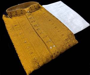 Mens Kurta Pajama: Pure Rayon Based Beautiful fine Embroidery Work At Front And Back With Sequins Work Designer Kurta & cream Pajama