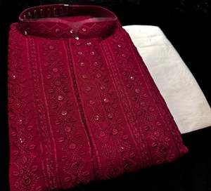 Mens Kurta Pajama: Pure Rayon Based Beautiful fine Embroidery Work At Front And Back With Sequins Work Designer Kurta & cream Pajama