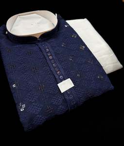 Mens Kurta Pajama: Pure Rayon Based Beautiful Embroidery Work At Front And Back With Sequins Work Designer Kurta & cream Pajama