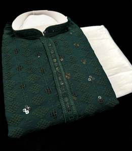 Mens Kurta Pajama: Pure Rayon Based Beautiful Embroidery Work At Front And Back With Sequins Work Designer Kurta & cream Pajama