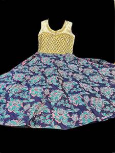 Kids Gowns Kameez: Stonework with Blue pink & Teal colour beautiful brocade silk print gown
