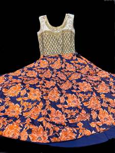 Kids Gowns Kameez: Stonework with Blue & Orange colour beautiful brocade silk print gown