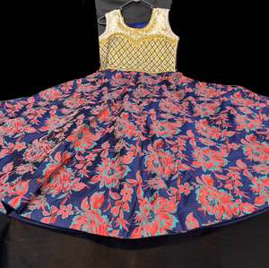 Kids Gowns Kameez: Stonework with Blue, Red & Teal colour beautiful brocade silk print gown