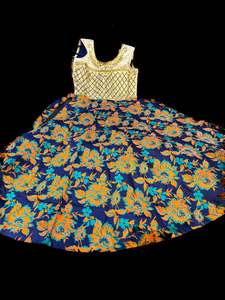Kids Gowns Kameez: Stonework with Blue, Orange & Teal colour beautiful brocade silk print gown