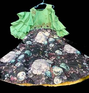 Kids Gowns Kameez: Mint colour silk based beautiful printed flared gown