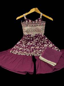 Girls Punjabi Suits Sharara Suits: (Video clip attached)Plum color Pure and soft georgette based sequined with embroidery work girls sharara suit with dupatta