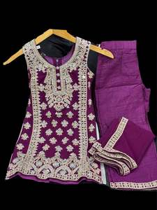 Girls Punjabi Suits Sharara Suits: (Video clip attached) Purple Wine color Pure and soft georgette based mirrors & stone work with embroidery work kameez with plazo pants & dupatta girls dupatta