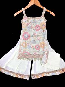 Girls Punjabi Suits Sharara Suits: (Video clip attached)Pastel Mint color Pure and soft georgette based sequined with embroidery & tessels work girls sharara suit with dupatta