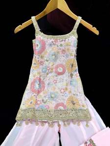 Girls Punjabi Suits Sharara Suits: (Video clip attached)Pastel Pink color Pure and soft georgette based sequined with embroidery & tessels work girls sharara suit with dupatta