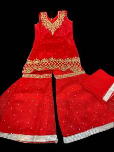 Red color netting based stone work hand work Sharara suit