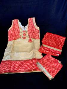 Girls Punjabi Suits Sharara Suits: Red and golden colour cotton silk brocade design kids punjabi suit