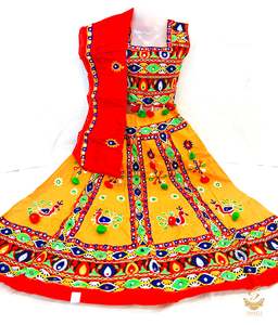Kids Chaniya Choli Garba Dress: Mustard colour beautiful chaniya choli with multicoloured embroidered work