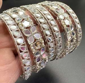 Silver colour Mirror work bangles set (price per pack)