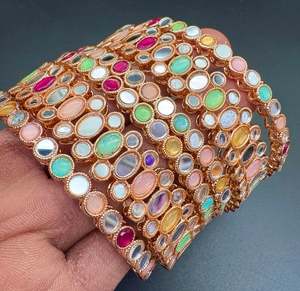 Oxidised Bracelets Bangles: Rosegold with multi color mirror work bangles set (price per pack)