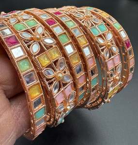 Oxidised Bracelets Bangles: Rosegold with multi color mirror work bangles set (price per pack)