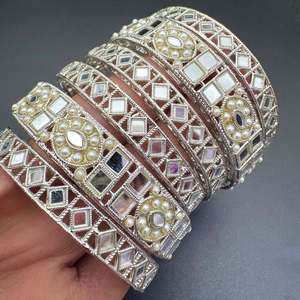 Oxidised Bracelets Bangles: Silver colour Mirror work bangles set (price per pack)