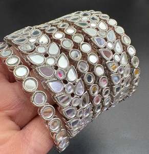 Oxidised Bracelets Bangles: Silver colour Mirror work bangles set (price per pack)