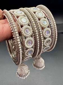 Oxidised Bracelets Bangles: Pearls with mirror work design oxidised bangles set with latkan (price per set)