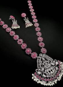 Oxidised Necklace: Lakshmi ji statue design Beautiful work oxidised necklace with earrings