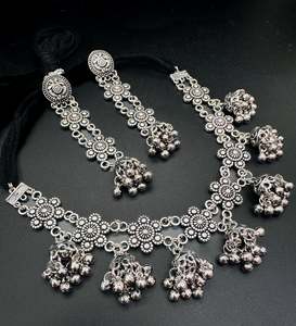 Oxidised Necklace: Beautiful work oxidised heavy necklace with earrings