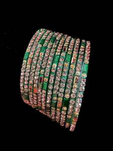 Glass Bangles: Green color with stone work beautiful Glass Bangles (1 Dozen in 1 pack ) Price per pack