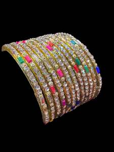 Glass Bangles: Golden Multi color with stone work beautiful Glass Bangles (1 Dozen in 1 pack ) Price per pack