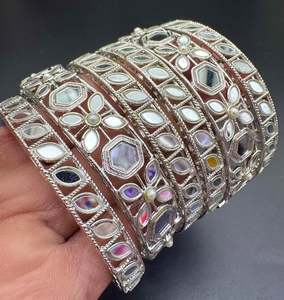 Silver colour Mirror work bangles set (price per pack)